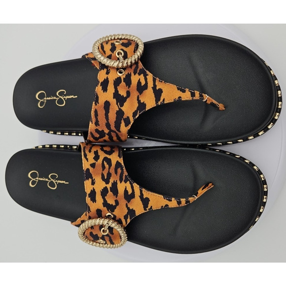 Jessica Simpson CYMMERI Slide Thong‎ Sandal Brown Cheetah Print Gold Buckle EUC - Picture 3 of 13